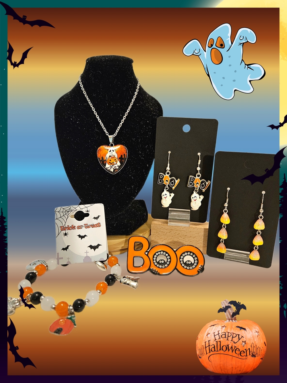 Halloween Heart Pendant Necklace in Orange & Black